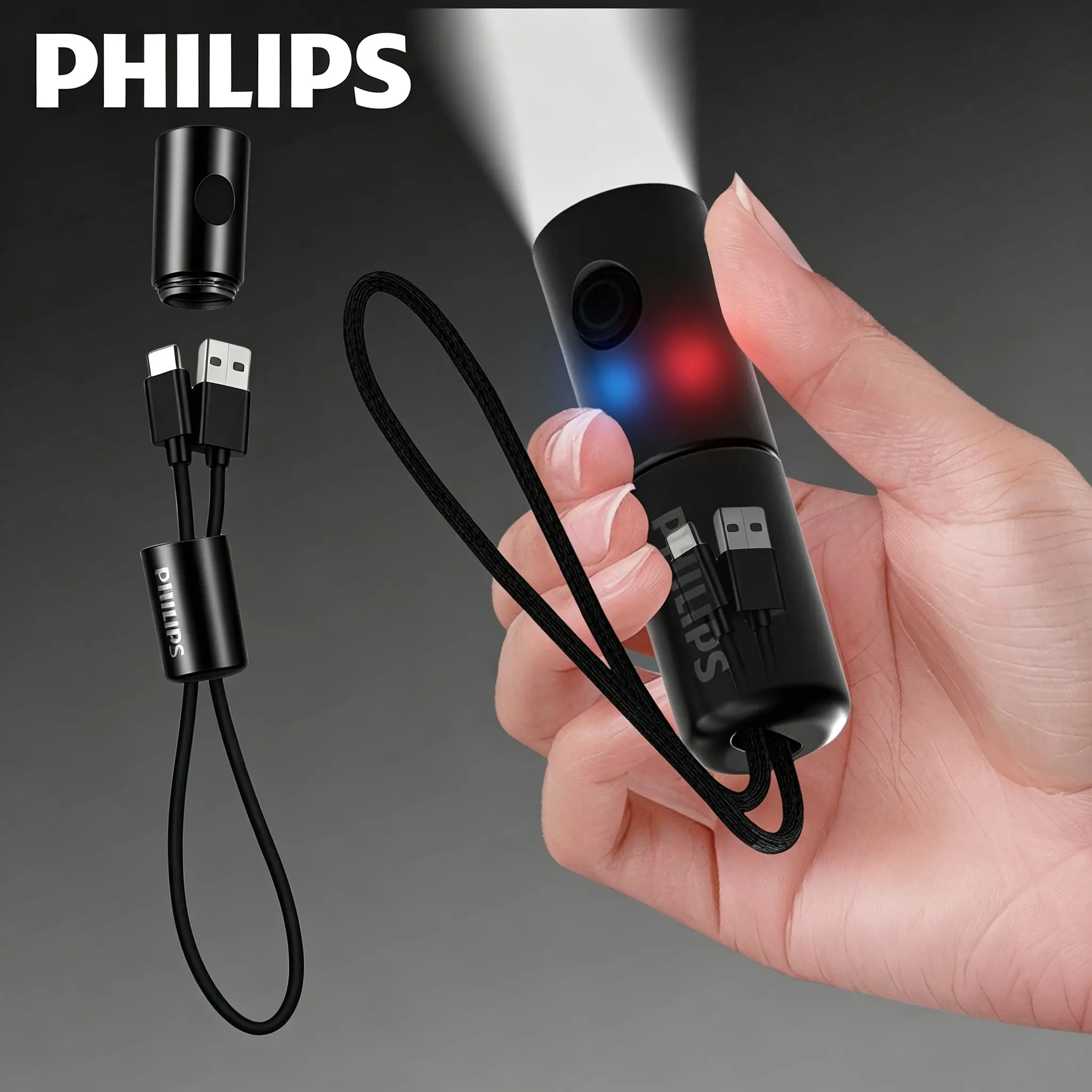 PHILIPS SFL1126 Mini Rechargeable LED Flashlight - Compact EDC Torch with Attached USB-C Cable, Emergency Whistle, Red Blue Safety Lights, Battery Indicator for Camping Hiking Cycling