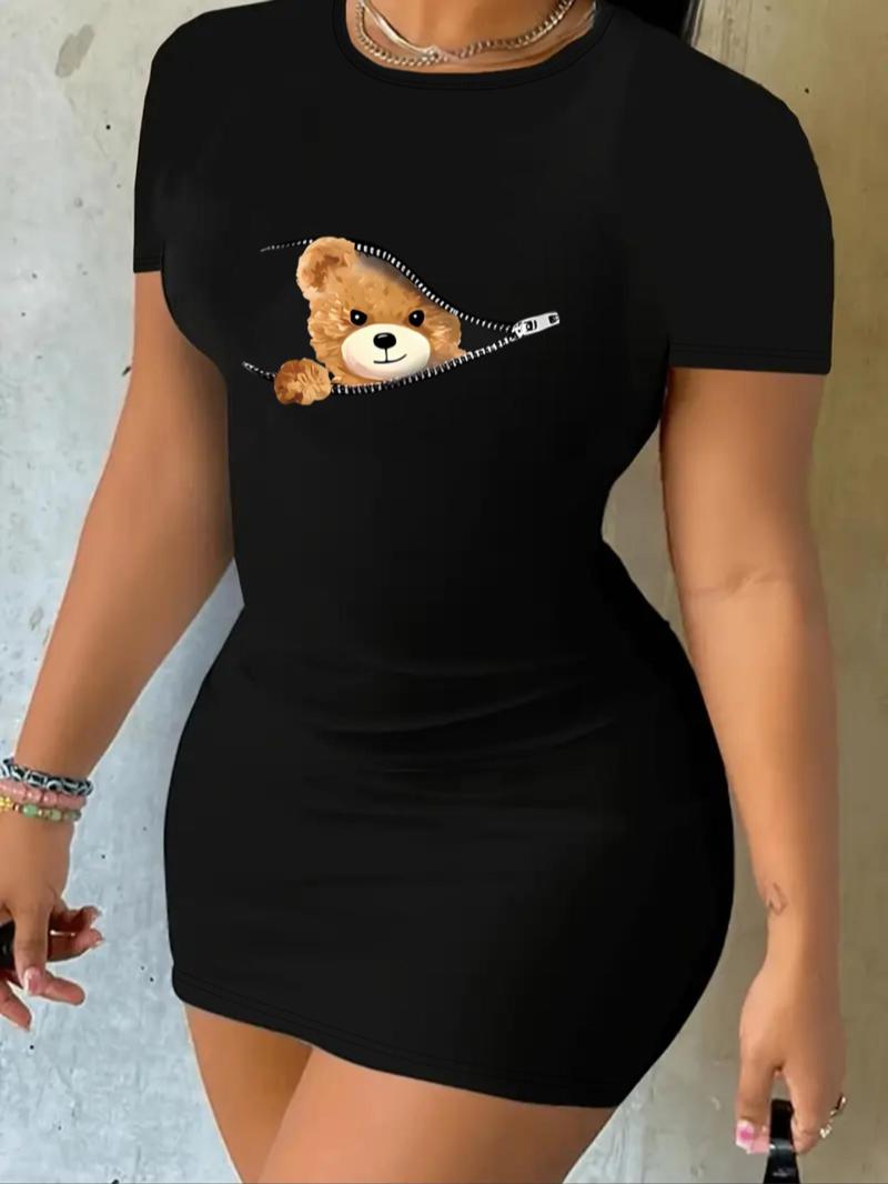 Women's Cartoon Bear Print Round Neck Bodycon Dress, Cute Casual Short Sleeve Dress for Daily Outdoor Wear, Ladies Clothes for All Seasons