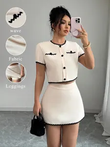 Women's Spring Summer French Elegance Colorblock Wave Ribbon Buckle Short Sleeve Top and Mini Skirt Two-Piece Set