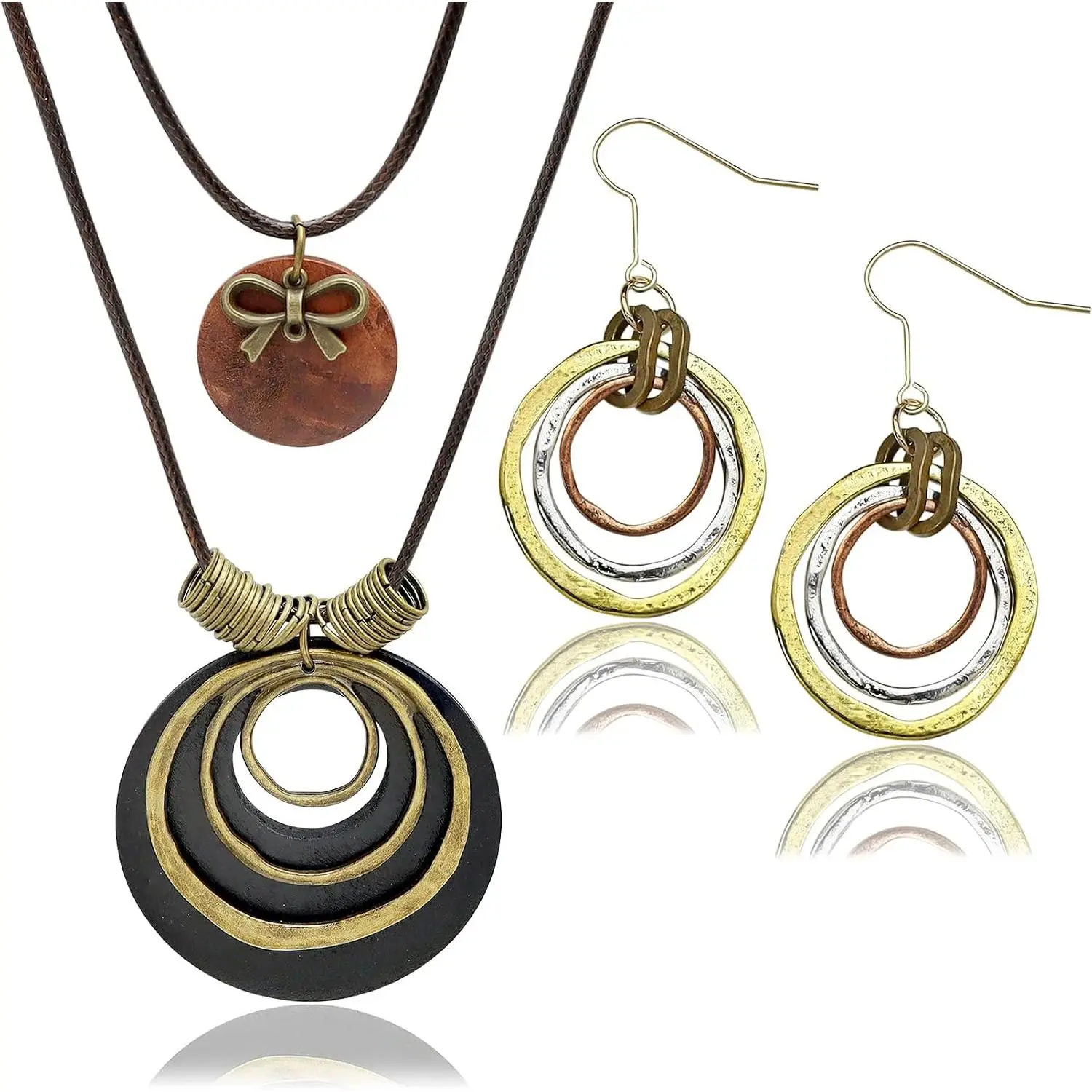 Long Boho Leather Cord Hippie Fall Necklaces for Women with Ethnic Earrings Stacked Multi-circle Wooden Pendant Necklaces  Round  Boho Earrings Trendy Bohemian  for Women