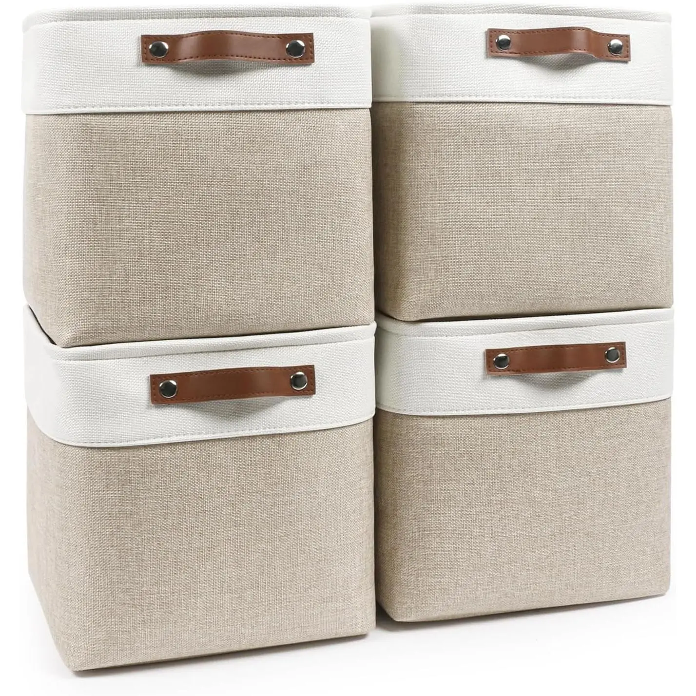 Collapsible Fabric Storage Cubes 11x11 Cube Storage Bins, 4 Pack Closet Baskets with Handles for Organizing Toys, Clothes, Shelves, Home, Office, Nursery (Beige & White)Gift