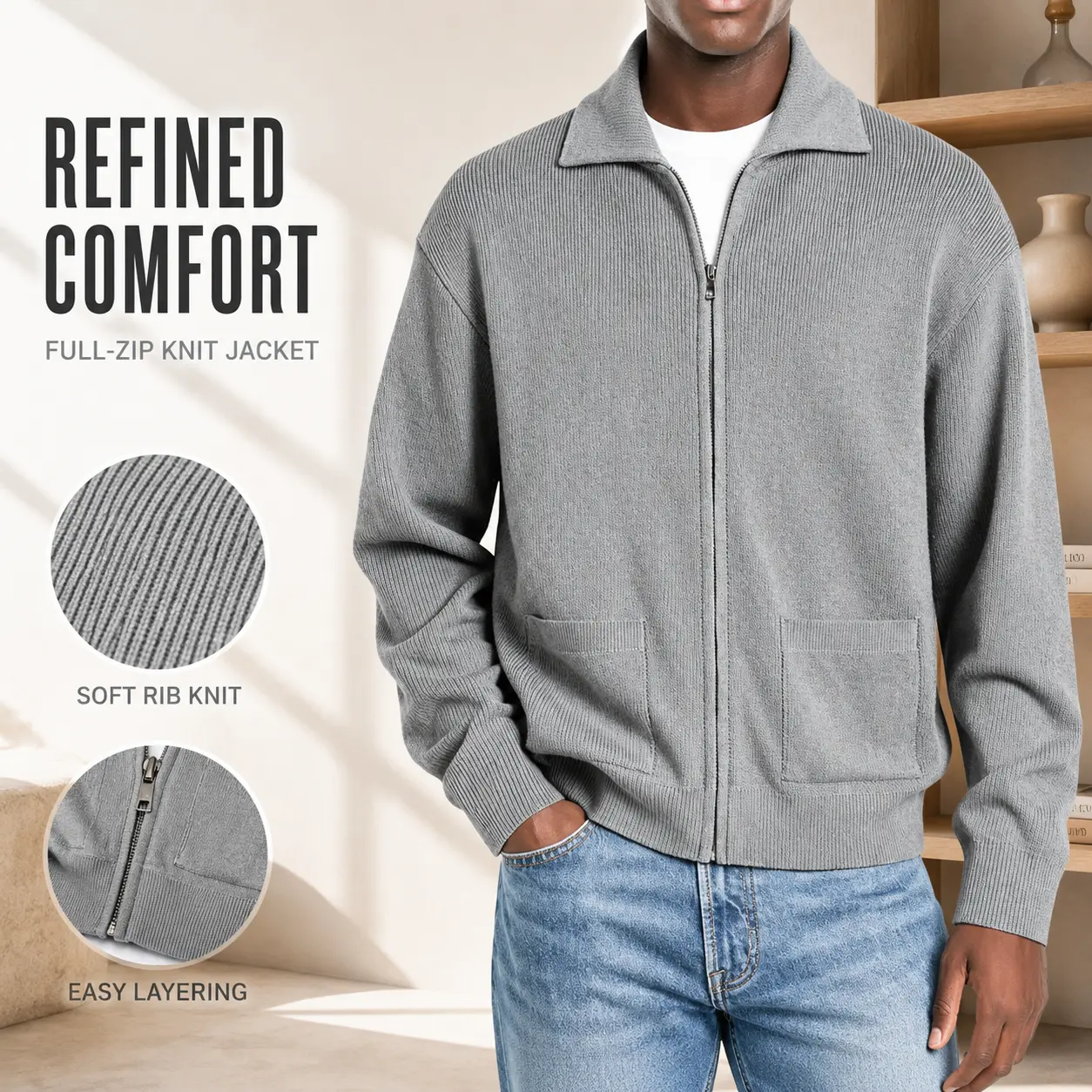 Men Zip Up Collared Knit Jacket Casual Soft Long Sleeve Cardigan Coat