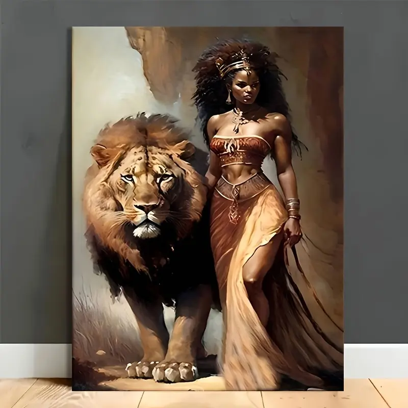 African Goddess And Lion Fantasy Wall Art Canvas Wall Art - Framed, Ready To Hang - For Living Room Bedroom - Perfect Gift For Him Housewarming Christmas - Wall Decor, Home Decoration