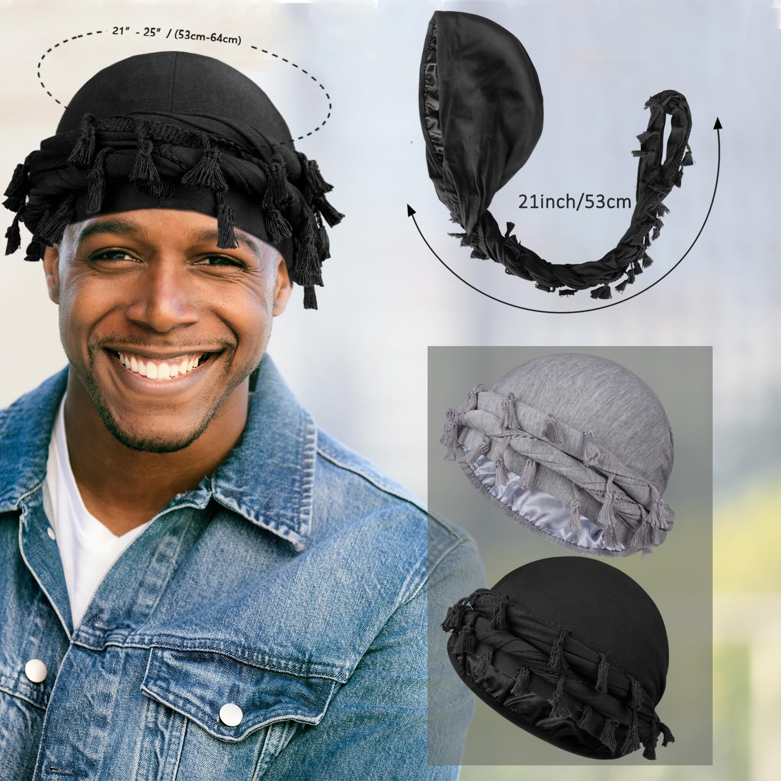 1/2 Pack Satin Lined Turban Durag for Men & Women - Pre-Tied Skull Cap with Tassels, Vintage Twist Beanie & Sleeping Bonnet Hair Cover