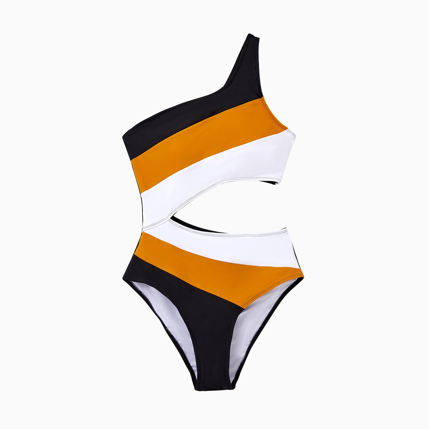 PatPat Family Matching Swimsuit Colorblock Swim Trunks Shorts or Cut Out Waist One-Shoulder One-piece Swimwear Bathing Suit Spingtok