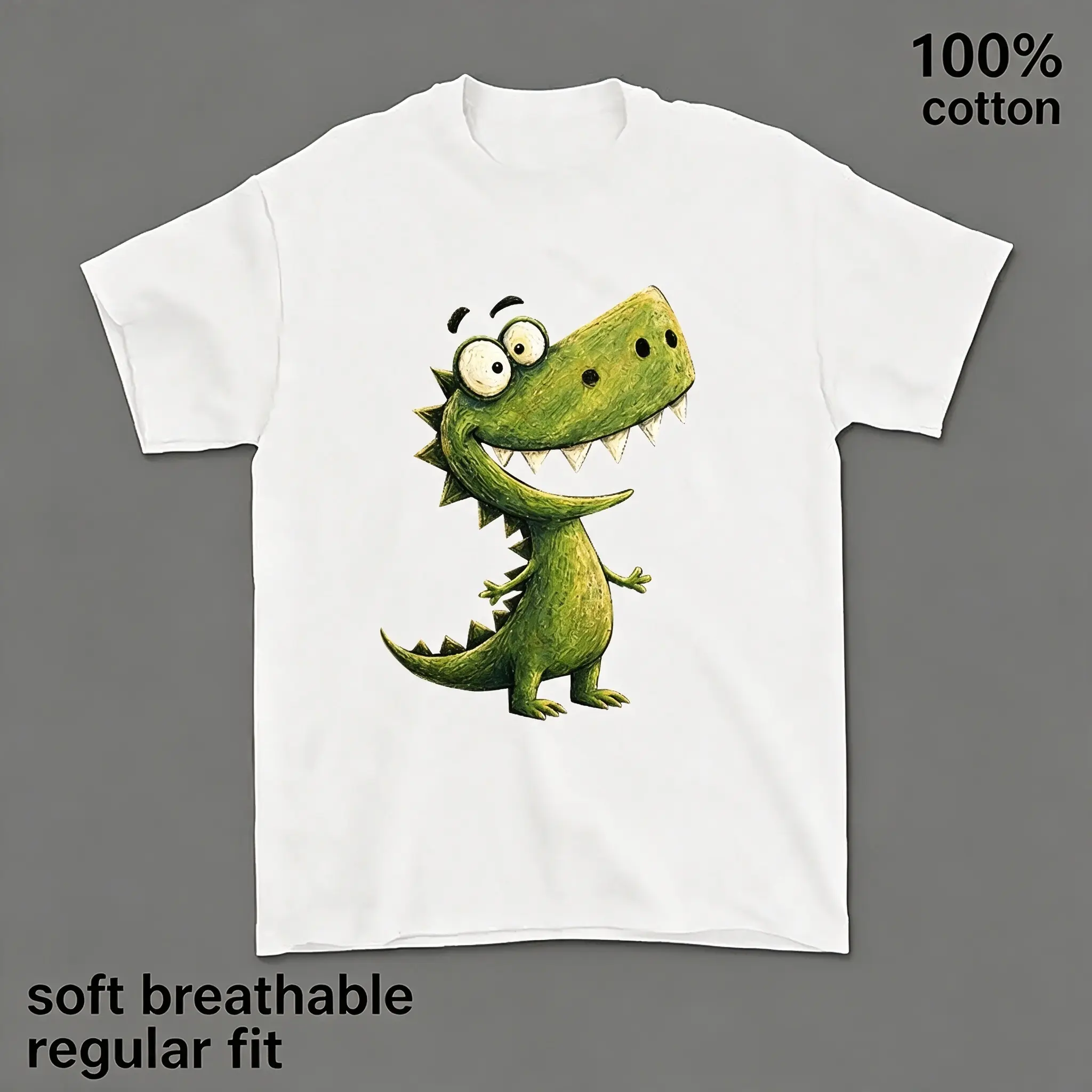 （230g) Cute Funny Green Dinosaur Tee | 100% Cotton Soft Breathable T-Shirt | Cartoon T-Rex Graphic Aesthetic Happy Dino Casual Top Unisex