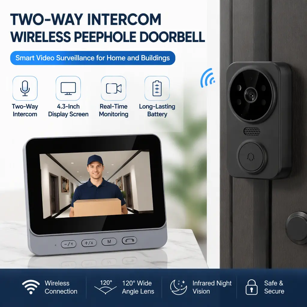Home Smart Two‑Way Intercom Video Doorbell, 4.3‑Inch Display Wireless Peephole Camera for Building Security Monitoring
