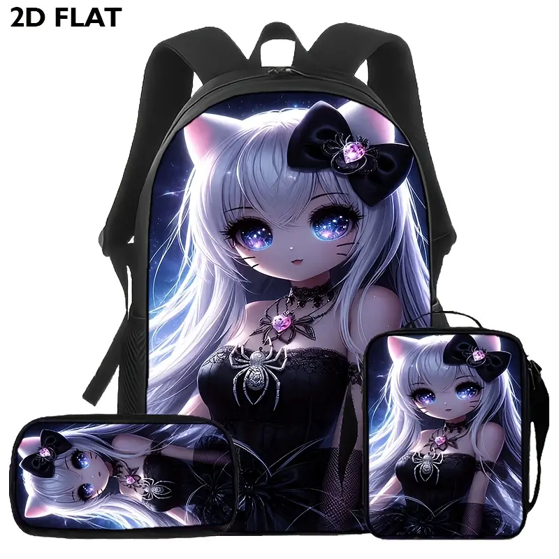 Kawaii Gothic 3-Piece Backpack Set, Polyester School/Travel Bag for Teens with Anime Cat Girl Print and Adjustable Straps