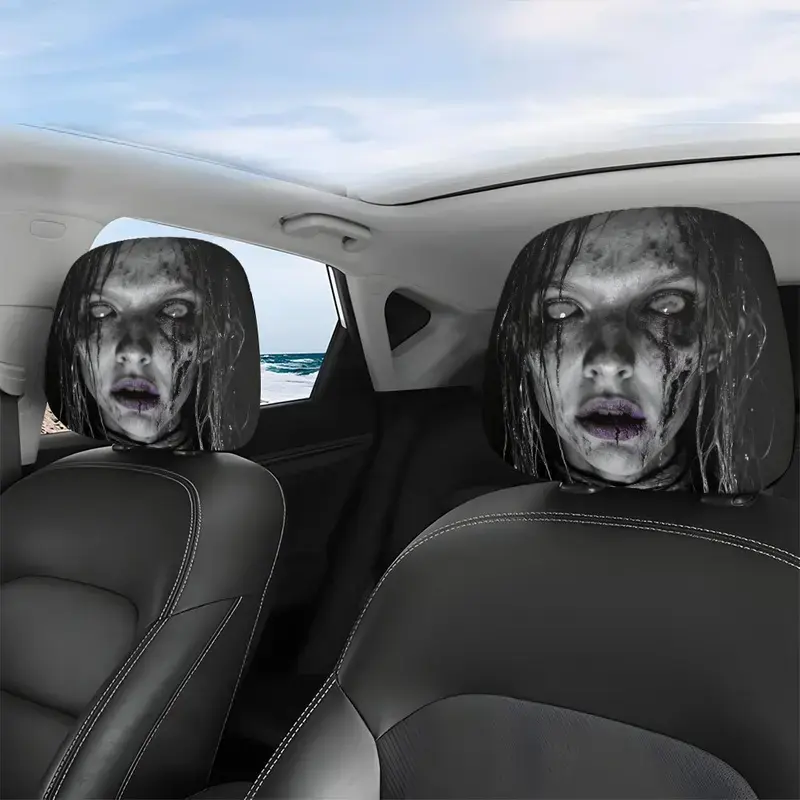 2026 New Unisex Double-Sided Print Car Headrest Cover, Ghost & Skull Pattern, Halloween Horror Decor, Full Coverage, Universal Fit, Easy Installation, Lightweight Soft Breathable Fabric, US Design for Cars