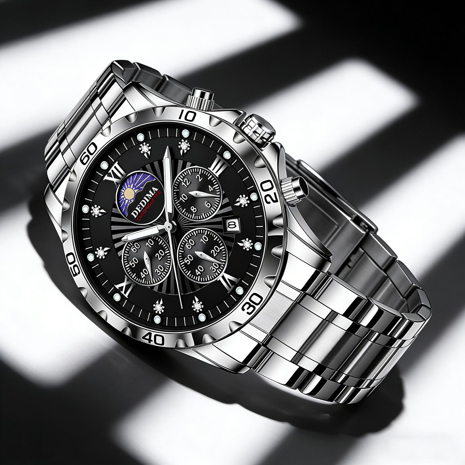 Men's Quartz Watch PE903 Movement 42mm Dial Luminous Display Calendar Moon Phase 30M Waterproof Stainless Steel Strap Business Style Hot-Selling Item