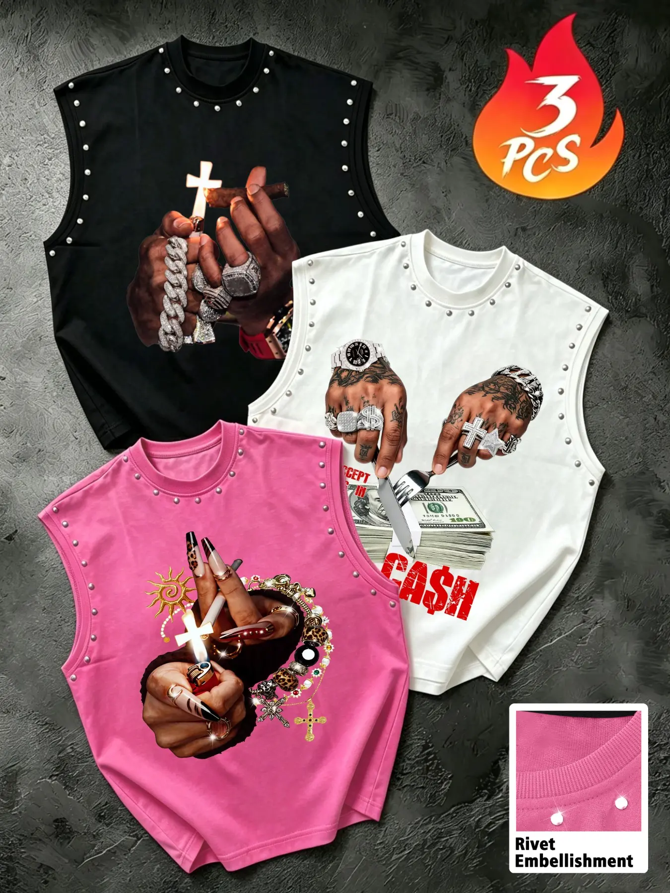 Three-Piece Rivet-Decorated Sleeveless Vest, Vintage Hip-Hop Us Dollar Print, Loose Fit, Y2K Gothic Punk Streetwear