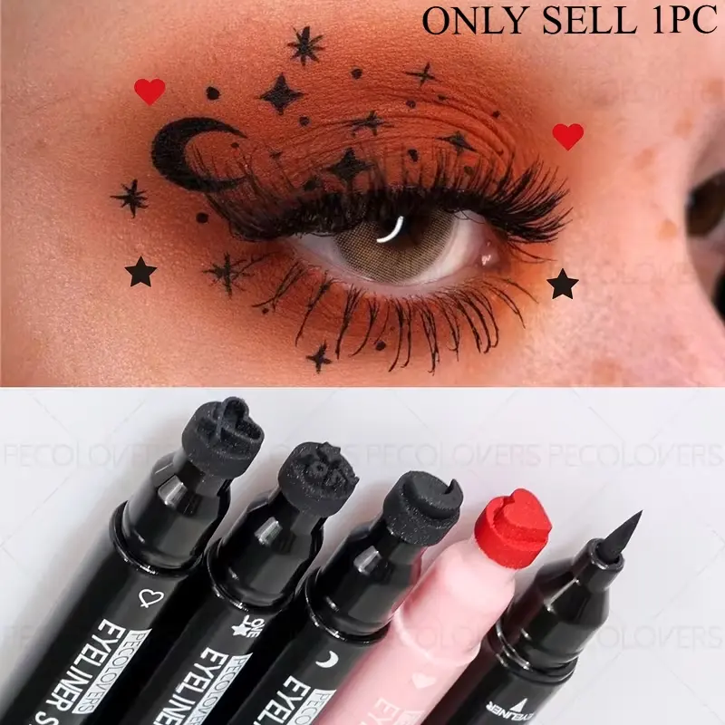 1PC 2in 1 Stamp Liquid Eye Liner Pen Multi-Stamp Heart Star Butterfly Pattern Eyeliner Waterproof Eye Makeup Products Suitable for Beginners to Use