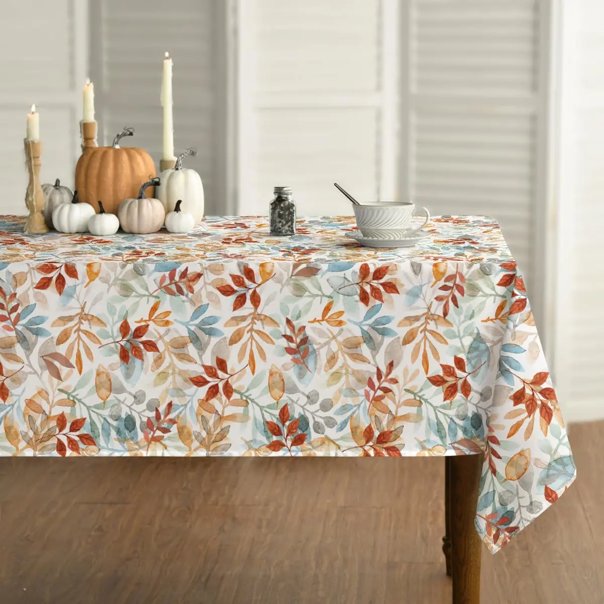 Fall Tablecloth 60 x 84 Inch Rectangular Thanksgiving Orange | Blue Autumn Harvest Watercolor Leaf Washable Table Cover for Party Picnic Dinner Decor