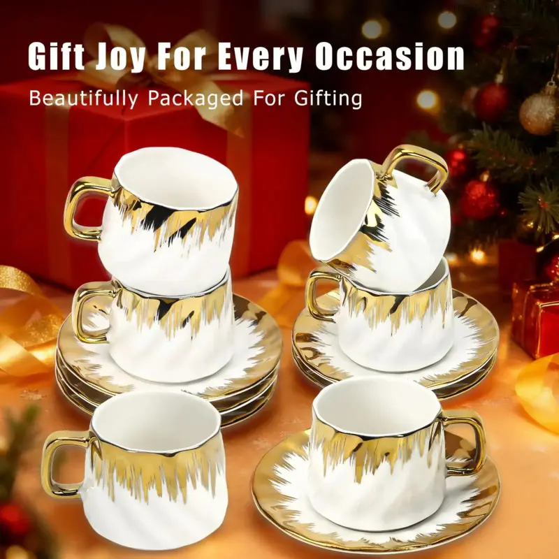 Coffee Cup Set of 6 with Saucers, 3.2 Ceramic Espresso Cups Set, Trim Turkish Coffee Cup Gift for Cappuccino, Latte, Cafe Mocha and Tea, Dishwasher & Microwave SafeCC41PeakPulse Gear