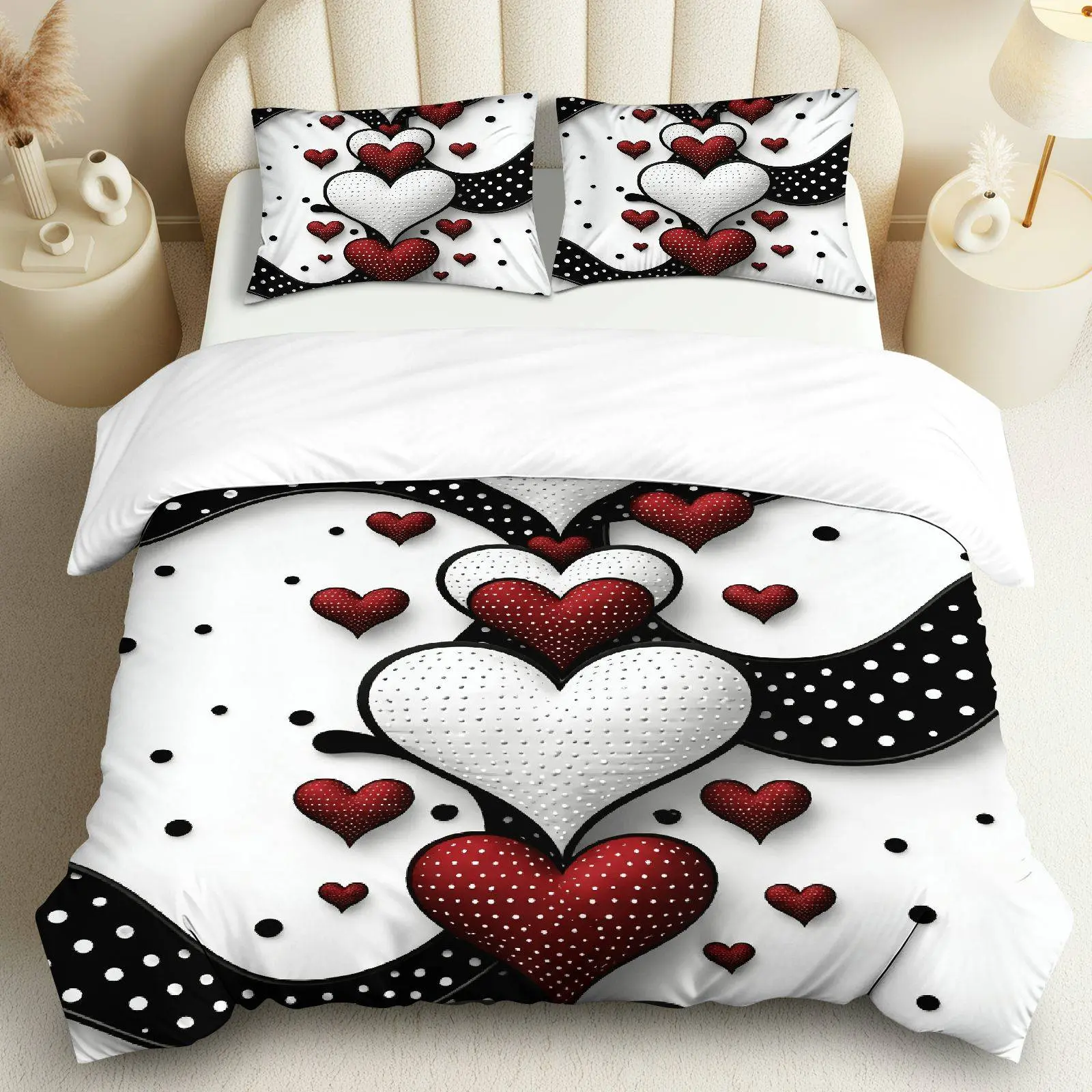3PCS Duvet Cover Set, 1 Duvet+2 Pillowcases(Without filler), Heart Polka Dot Black White Romantic theme, Valentine's bedding set, Soft Modern Cozy Suitable for decoration Bedroom Living Room Guestroom Hotel