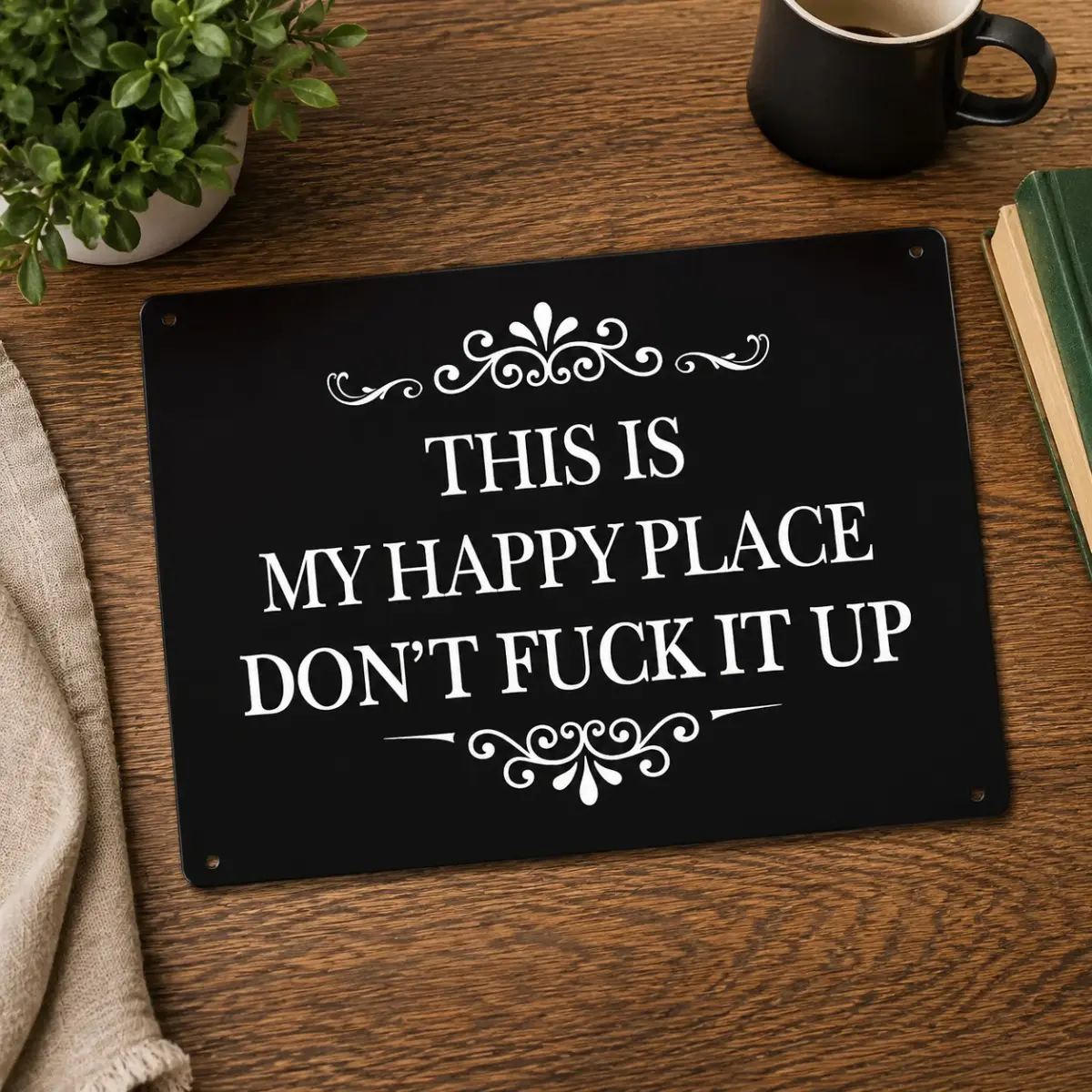 Humorous Home Quote Metal Sign – “This Is My Happy Place” Funny Wall Art Plaque, Retro Farmhouse Decor for Home, Room, Bar, Bathroom and Office Hanging Decoration (12 x 8 Inch)