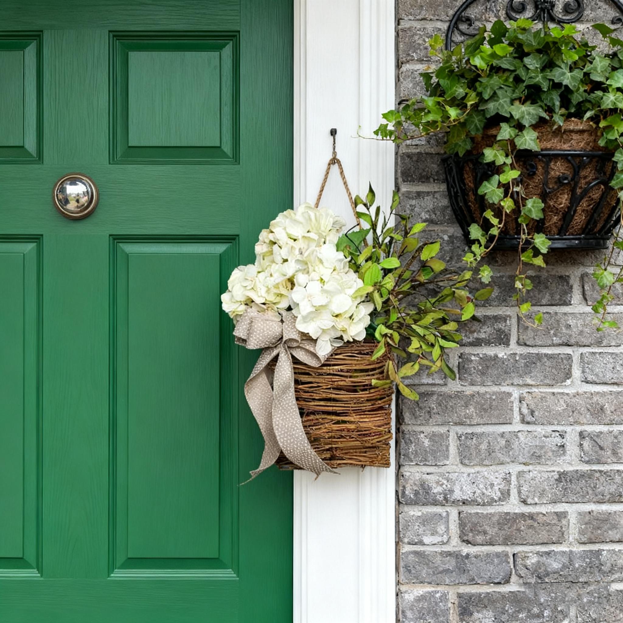 14" Cream Hydrangea Door Basket Wreath - Modern Farmhouse Floral Hanger for Front Door, Porch & Spring/Summer Aesthetic Home Decor Artificial Flower Bouquet Artificial Plants