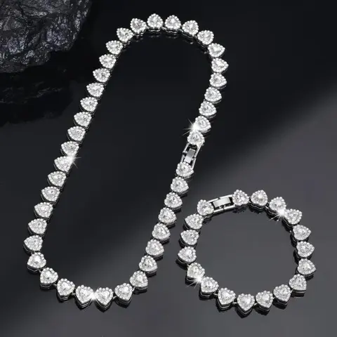 2pcs Heart-Shaped Tennis Chain Necklace & Bracelet Set, Bling Matching Set for Women & Teens, Hip Hop Style, Luxury Jewelry Gift for Valentine's Day, Birthday, Everyday & Party Wear