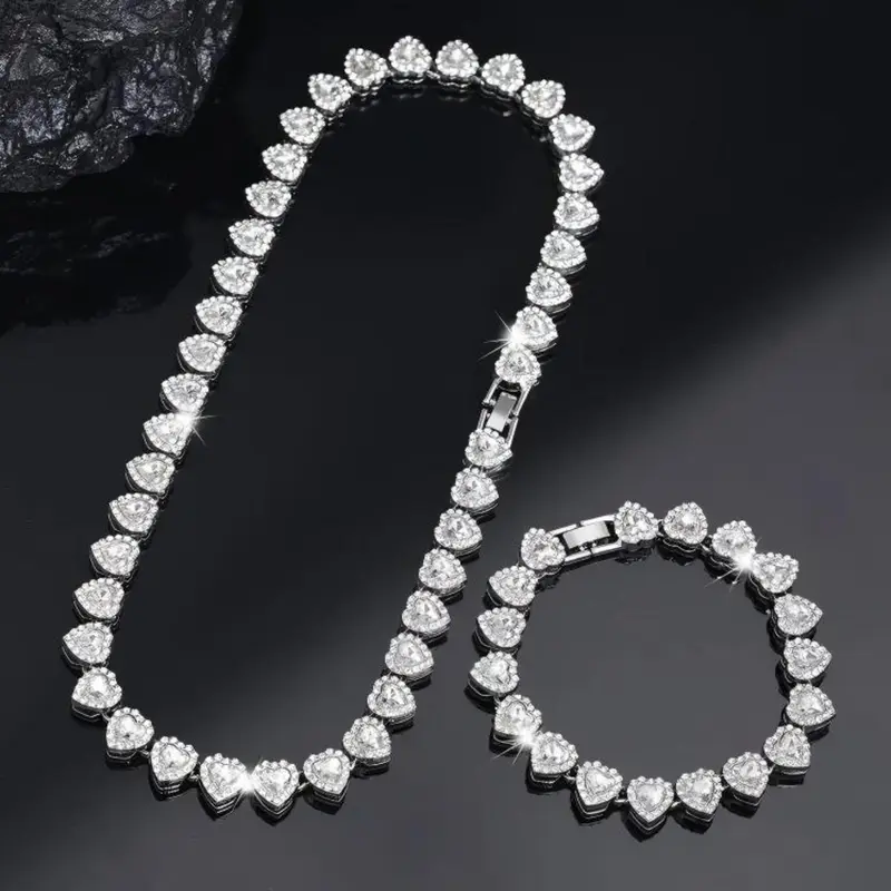 2pcs Heart-Shaped Tennis Chain Necklace & Bracelet Set, Bling Matching Set for Women & Teens, Hip Hop Style, Luxury Jewelry Gift for Valentine's Day, Birthday, Everyday & Party Wear