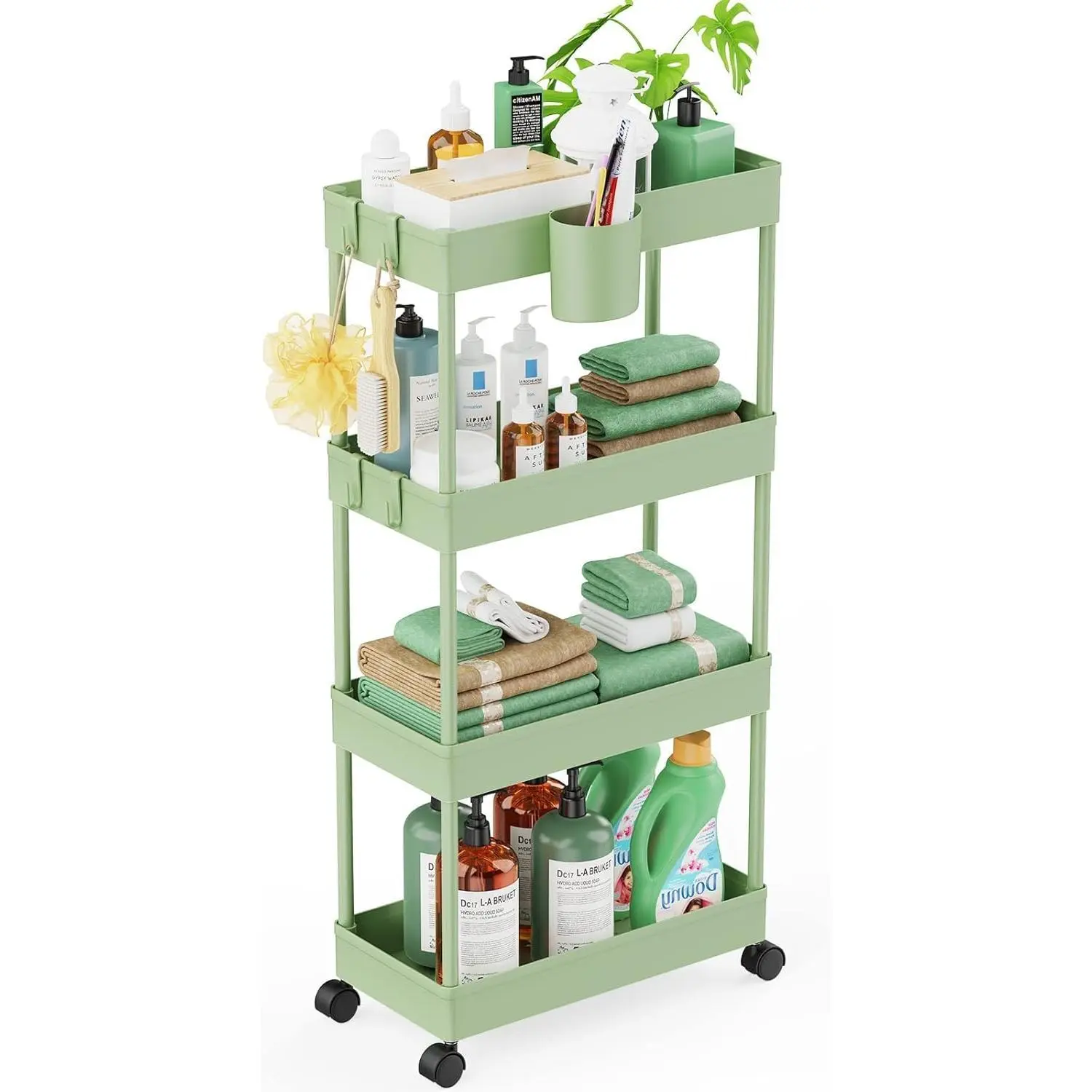 Slim Rolling Storage Cart - 4 Tiers Bathroom Organizer Utility Cart | Slide Out Storage Shelves Mobile Shelving Unit for Kitchen, Bedroom, Office, Laundry Room, Small Narrow Spaces (7.1" W+Green)