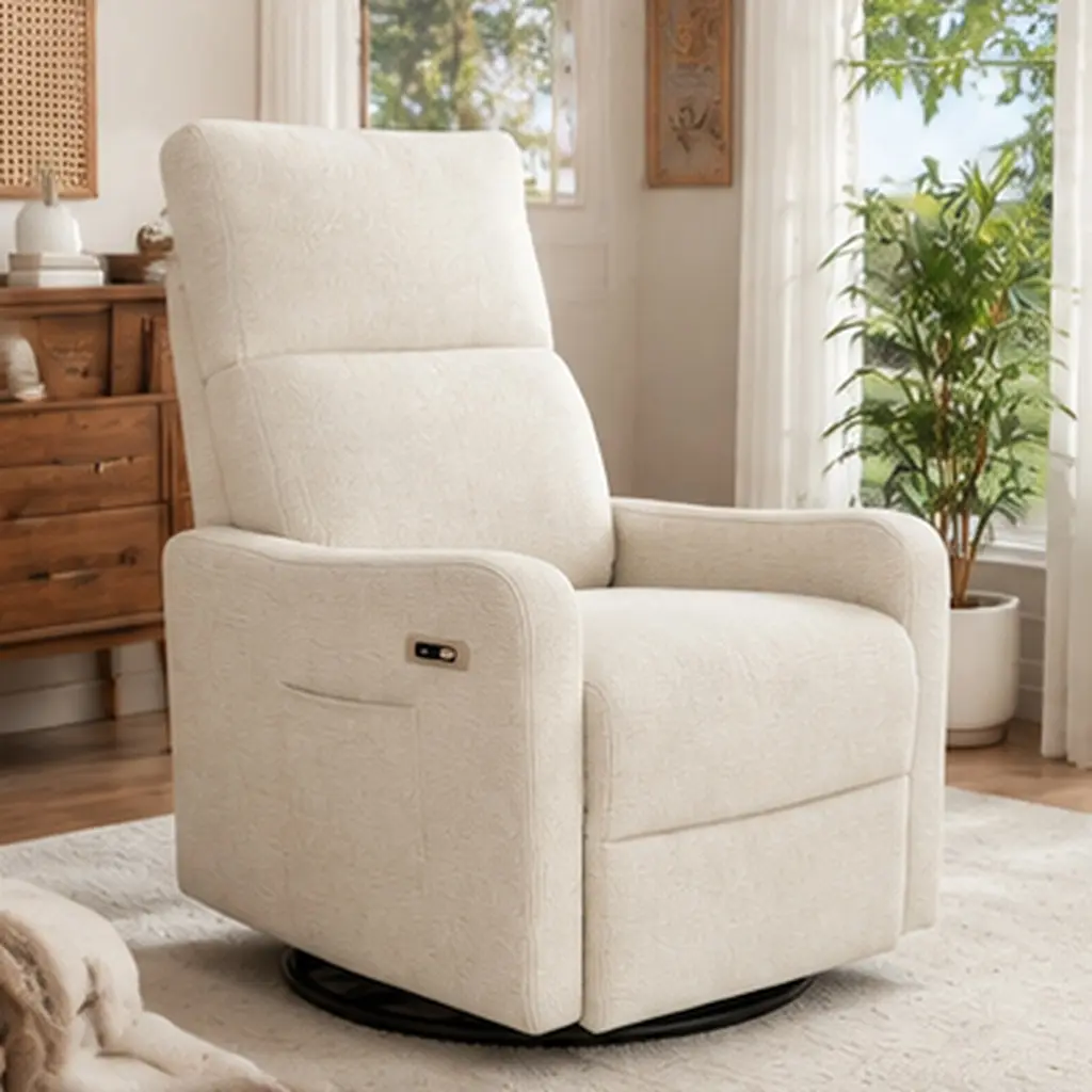 ARCH Power Swivel Recliner Chair for Adults, 270° Swivel Rocker Recliner with USB Port, Small Space Rocking Recliner for Living Room, Upholstered Fabric Glider Recliner with Tufted Back, Beige Snowflake Velvet, Beige Color Options