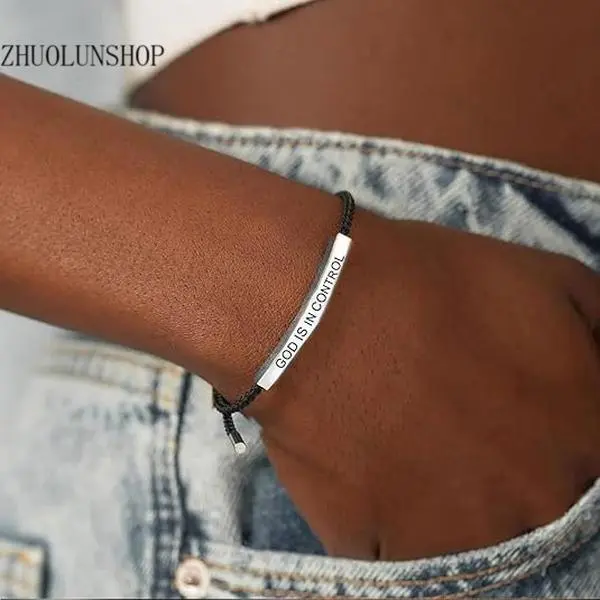 God Is In Control Engraved Bar Charm Hand‑Knotted Rope Bracelet for Women & Teen‑Girls Faith‑Inspired Daily‑Wear Accessory, Thoughtful Spiritual‑Keepsake Design, Comfort‑Fit Sturdy Skin‑Friendly Adjustable Rope, Stack‑Wear Versatile Jewelry for Church‑Wea