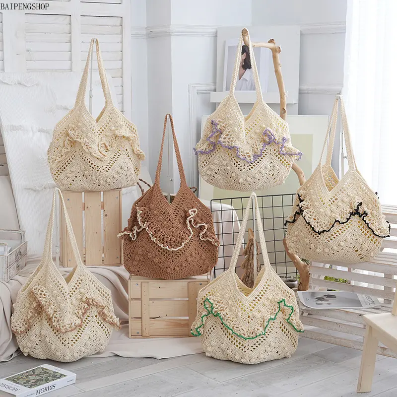 Minimalist Handmade Crochet Tote Bag With Wave Lace Decor, Hollow Woven Texture Large Capacity Shoulder Bag, Fresh Forest Boho Style Casual Handbag, Versatile Daily Commute & Outdoor Shoulder Bag