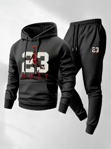 KZZ Men's Goat 23 Pattern Print Hoodie and Drawstring Sweatpants Set, Menswear, Casual Athletic Long Sleeve Hooded Jacket & Trousers for Fall & Winter, Men's Clothing for Daily Wear, Sportswear Indoor Outd