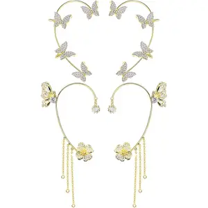 2 Pairs Dainty Silver Butterfly Ear Cuffs & Wraps for Women Non Piercing Bling Butterfly Tassel Style Zircon Earrings Ear Clips Bridal Wedding Jewelry