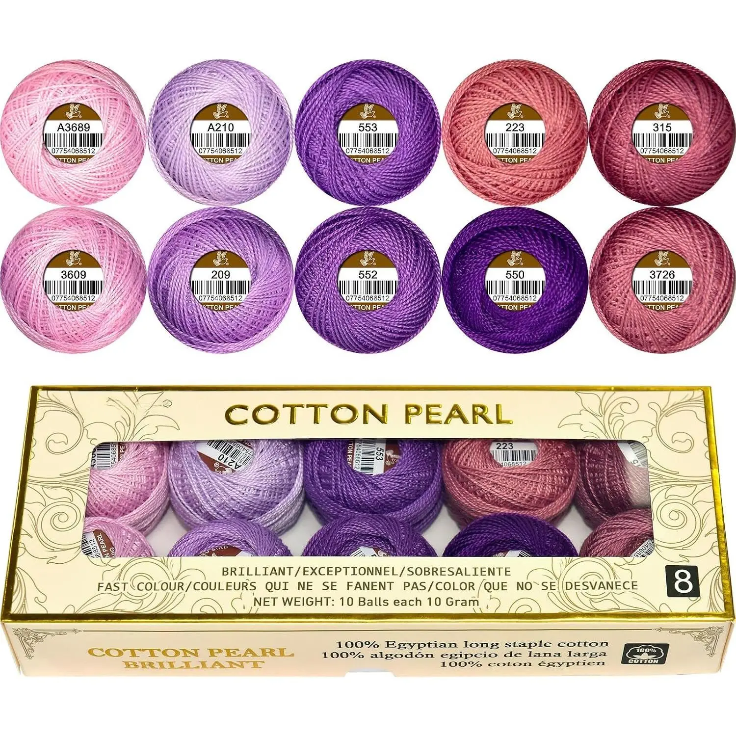 Double Mercerized Egyptian Long Staple   Thread Ball 10 Grams Rainbow Color Embroidery Thread 10 Balls per Box for Crochet Hardanger   Hand Embroidery,White