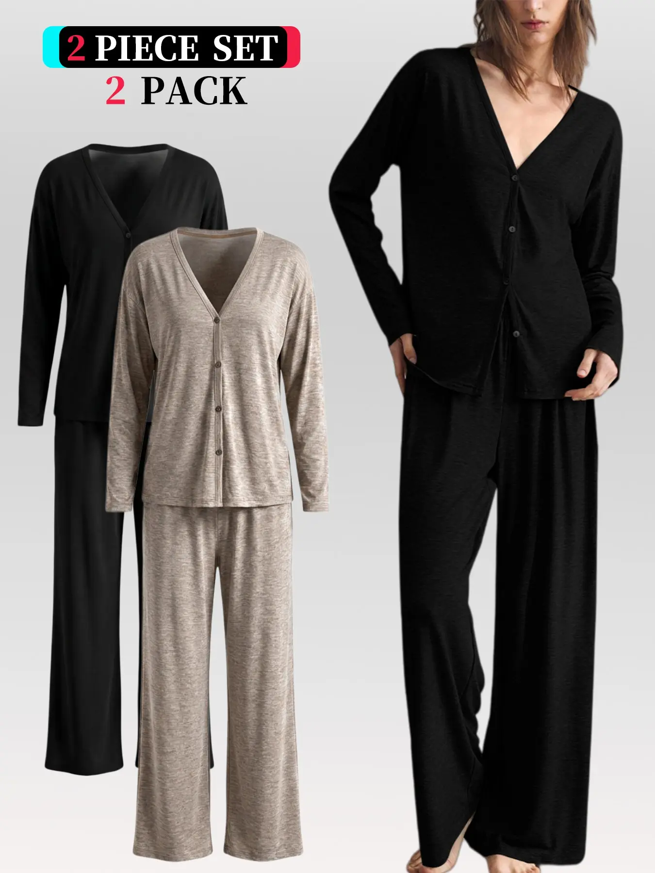 Women's 2 Piece Matching Set, V Neck Button Down Long Sleeve Top & Wide Leg Pants, Soft Stretchy Casual Lounge Outfit, Relaxed Fit Coordinated Set for Everyday Wear, Travel & Fall