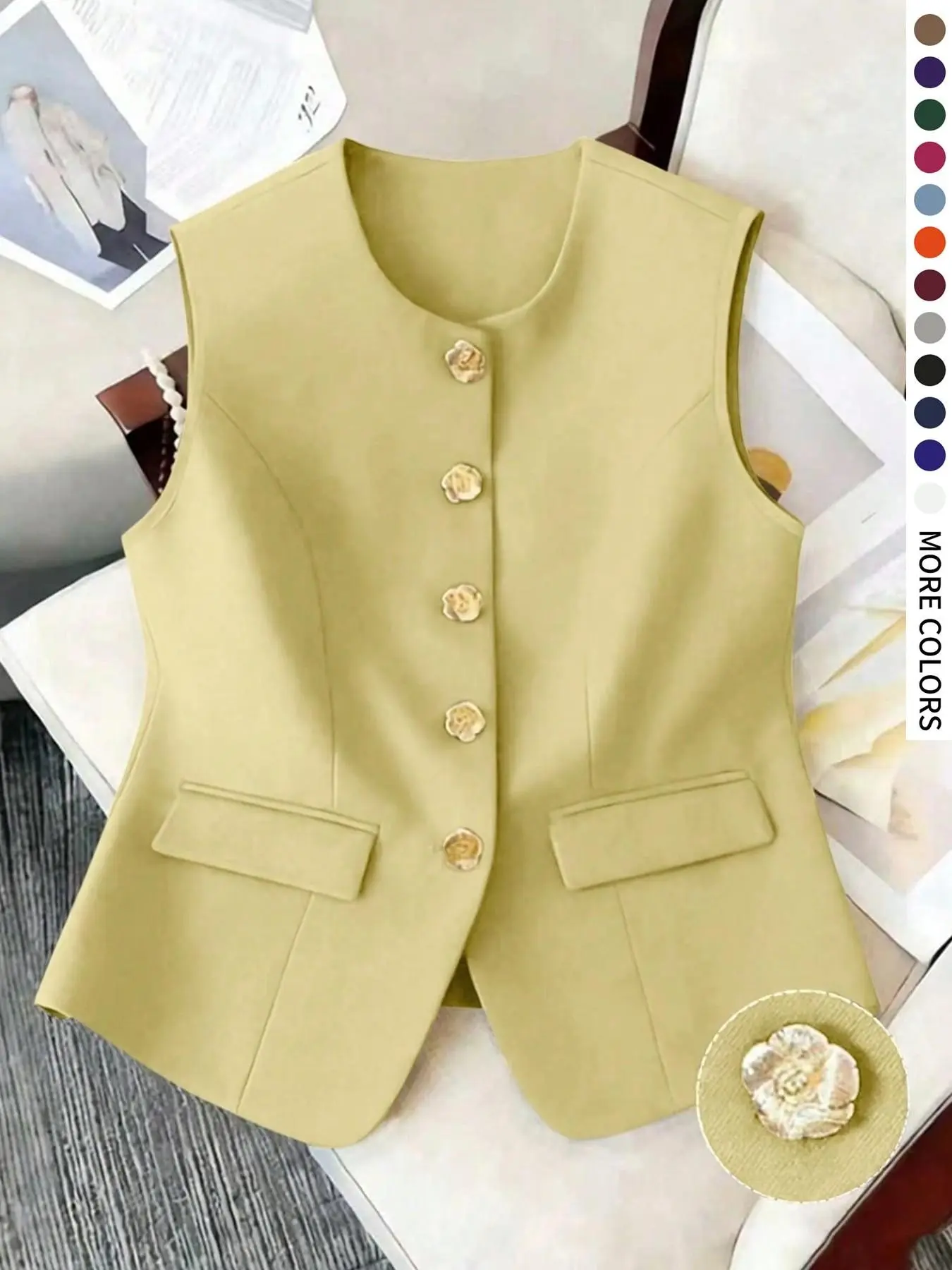 Plus Size Women's Casual Button Solid Vest, Sleeveless Chic Elegant Minimalist Design, Perfect for Outing, Party, Commute, Spring & Fall Fashion Tops