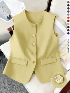 Plus Size Women's Casual Button Solid Vest, Sleeveless Chic Elegant Design, Perfect for Outing, Party, Commute, Spring & Fall Fashion Tops