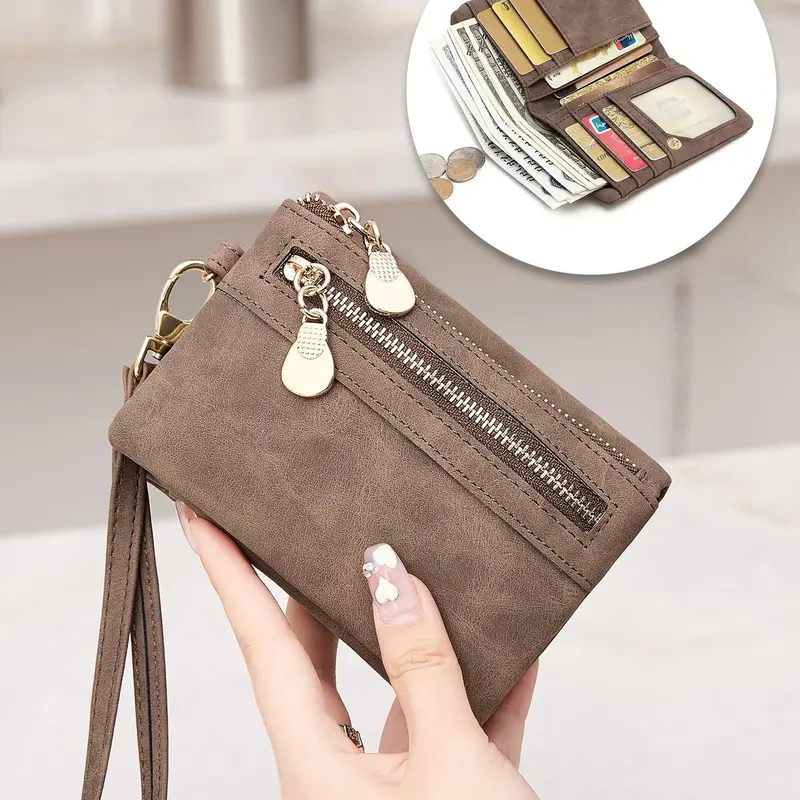 Women's Short Bifold Wallet with Double Zippers, Zip up wallets, Coin Purse & Card Holder, Pocket for Bills & Tickets, Portable for Daily Use & Travel, Wristlet Clutch, Perfect Gift for Thanksgiving, Christmas, Birthday & Anniversary