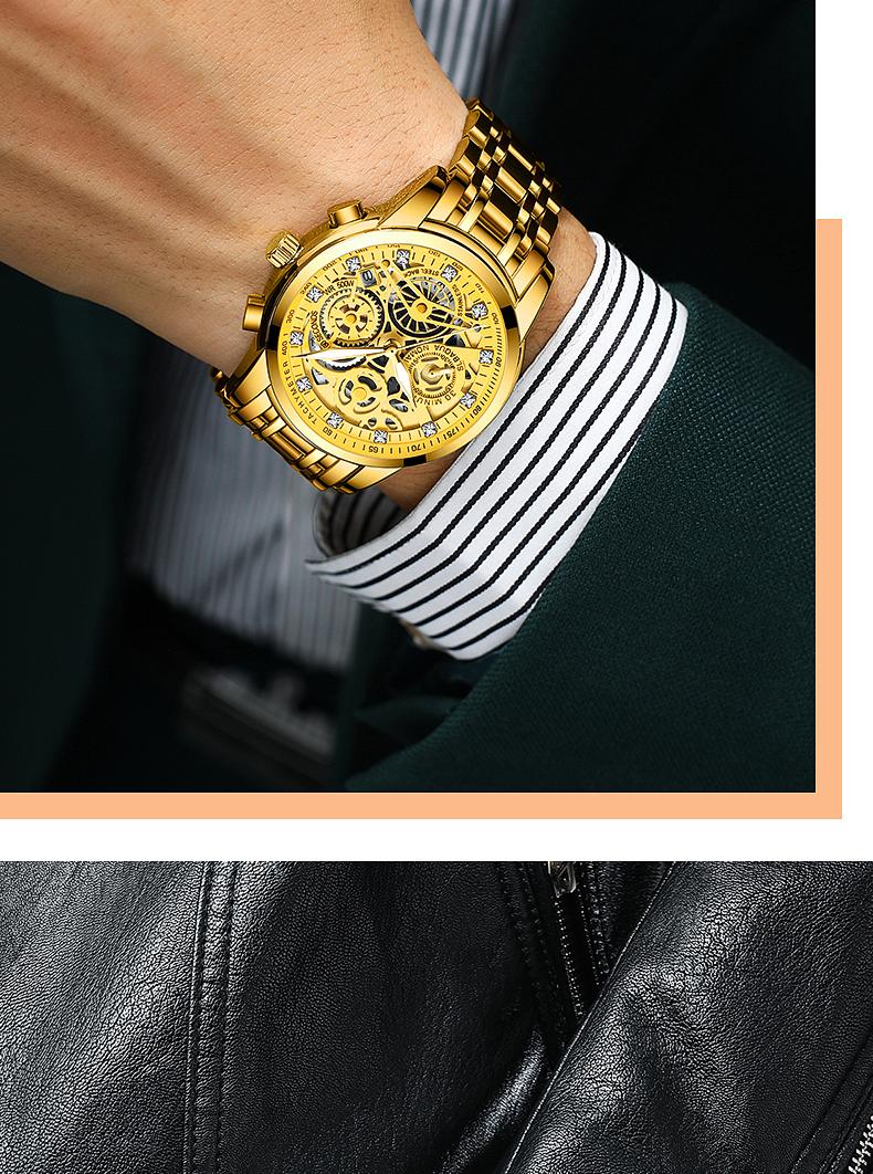 Men's Luxury Gold Skeleton Quartz Watch - Fully Iced Out Diamond Encrusted Wristwatch with Chronograph Tachymeter, Date Display, Stainless Steel Band, Perfect Gift for Him