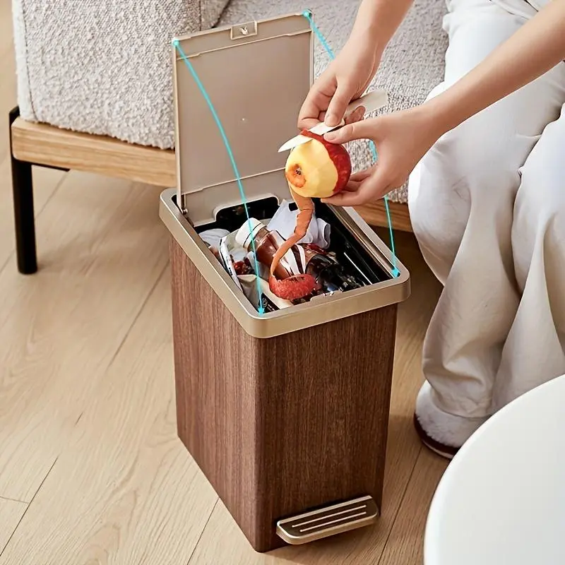 Single-piece large-capacity trash can, durable plastic, elegant wood grain design, silent soft-closing, space-saving, suitable for kitchen, bathroom, office, bedroom