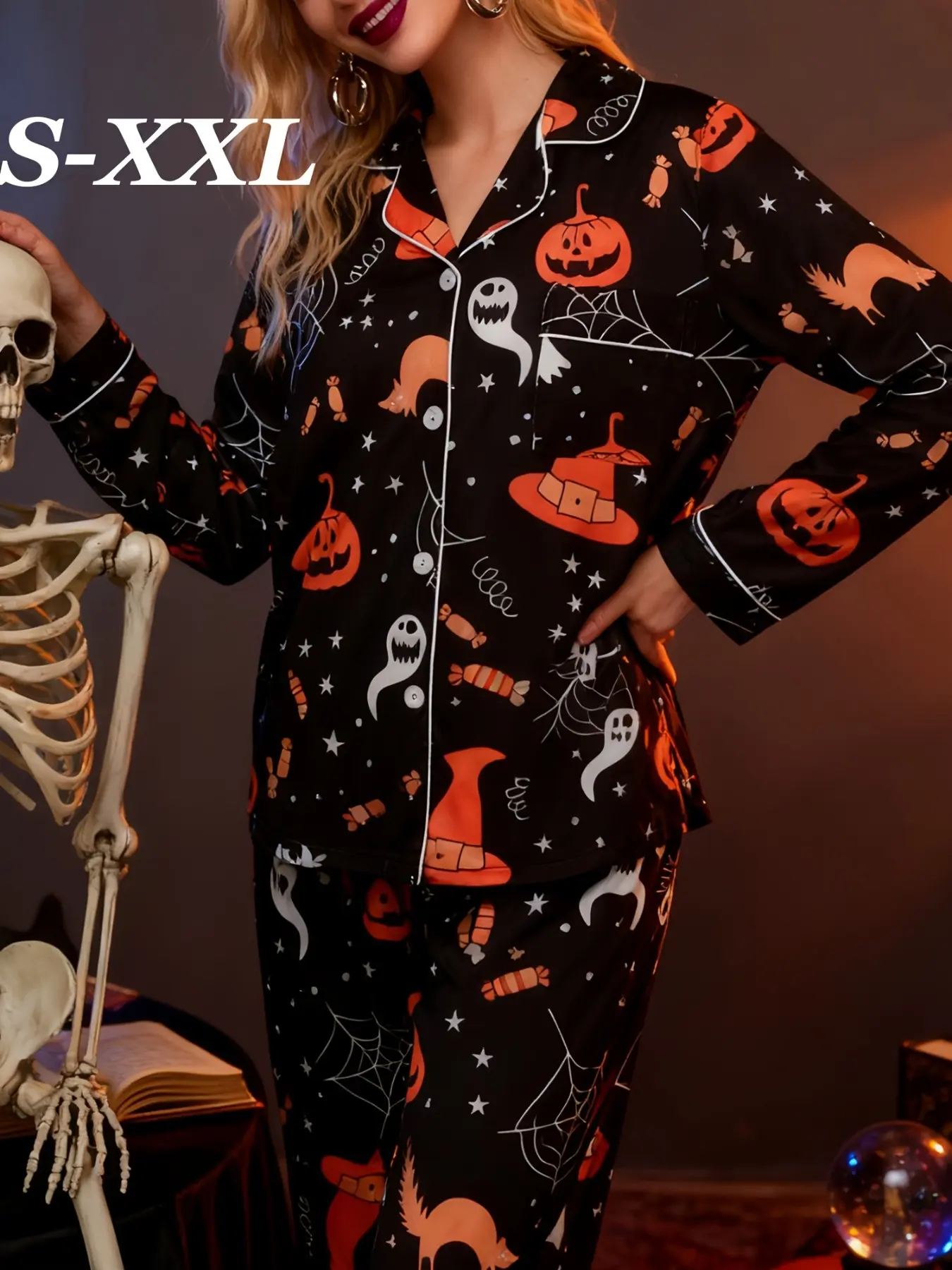 Halloween Pumpkin Ghost Print Women's Pajama Set, Soft Satin Material, Comfortable Loose Fit, Long Sleeve Top and Pants, Festive Home Sleepwear, Casual Home Nightwear