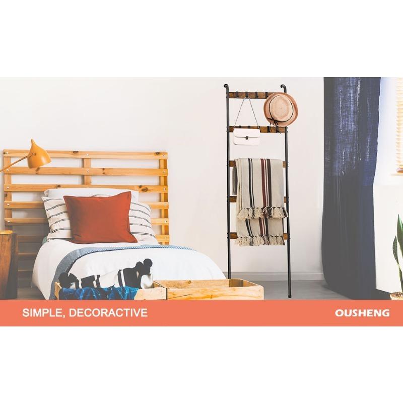 Wardrobe quilt holder, blanket ladder, 5-tier towel rack with 2 rows of detachable hooks, wall tapestry rack, practical shelves, bathroom towel rack, decorative display ladder rack, scarf, industrial, living room, bedroom, bathroom