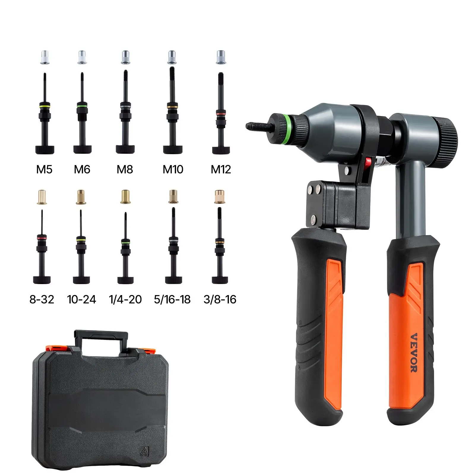 VEVOR Rivet Nut Tool Kit, 9-Inch Ratchet Rivnut Tool Kit, with 10 Mandrels and 100 Nuts, Metric and SAE Size M5, M6, M8, M10, M12, 8-32, 10-24, 1/4-20, 5/16-18, 3/8-16 UNC, with a Rugged Carrying Case