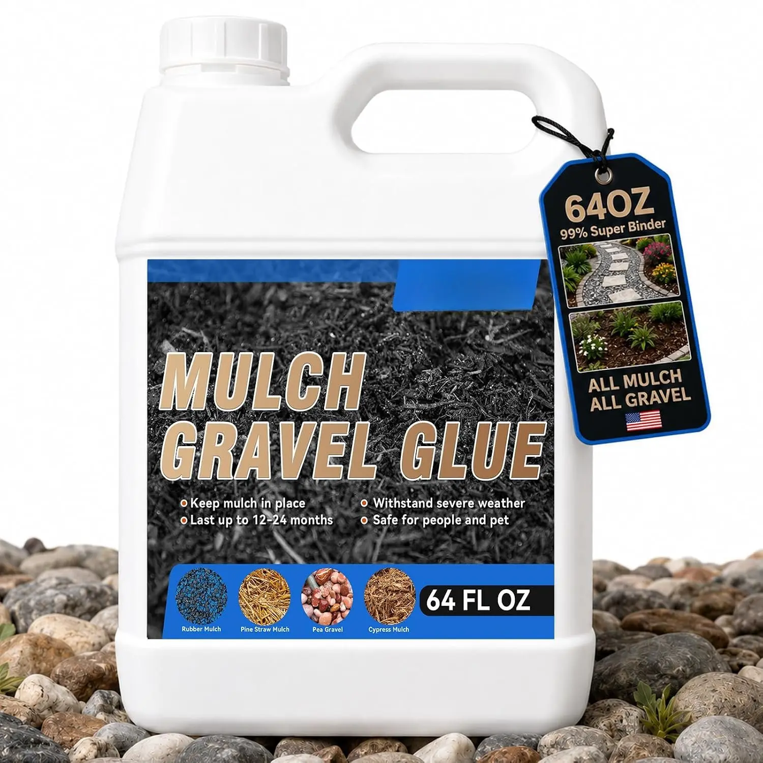 64Oz Professional Mulch Gravel Glue, Heavy-Duty Landscape Glue for Rock, Pea Gravel and Bark, -Drying and Weather-Resistant for Long-Lasting Hold