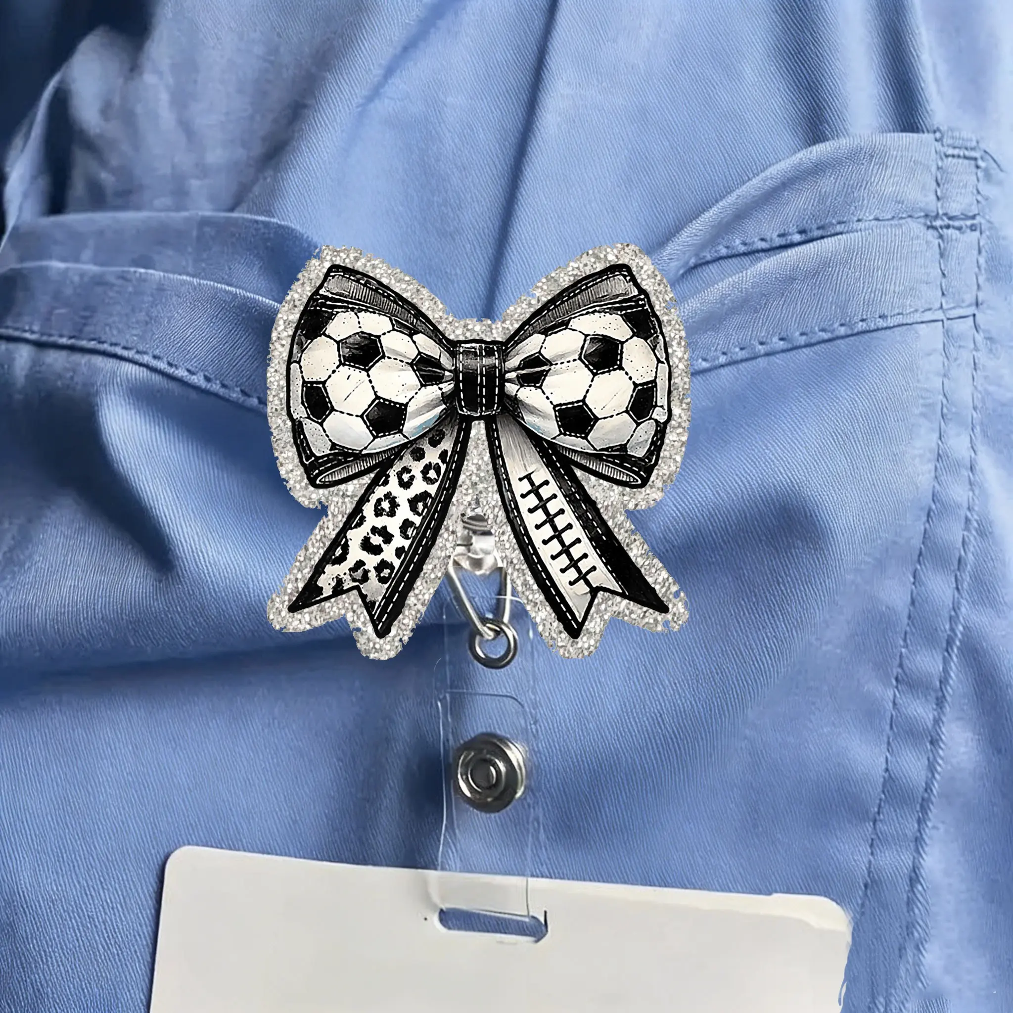Glitter Bow Retractable Badge Reel, Soccer Football Leopard Print Bow ID Badge Holder with 360° Swivel Alligator Clip, Sports Themed Name Tag Clip for Nurse Teacher Doctor Soccer Mom Coach Women Sports Fan Gift