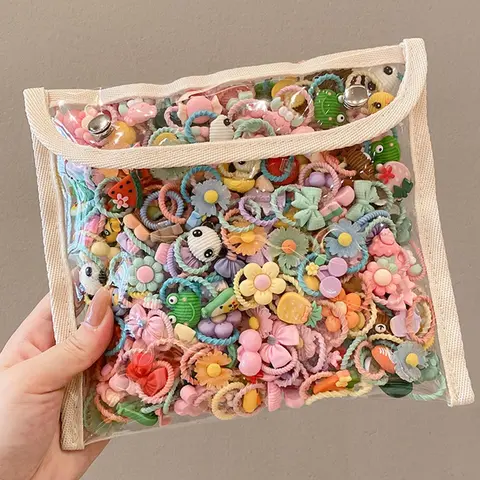50 Pcs Cute Kids Hairbands Set, Floral & Fruit Design Elastic Rubber Bands, Random Colors, Perfect for Gifts & Daily Use, Flower Hair Accessories, Elastic Hair Accessory
