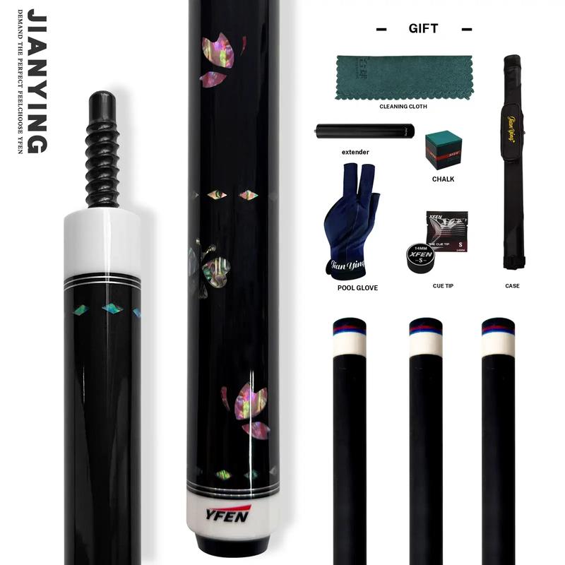 2026 new design billiard cue. Inlaying technique carbon fiber 1/2 billiard cue comes with a cue box and accessories. It features a 58 inch, 11.8mm cue tip Comes with cue case + leather tip + gloves + towel + chalk