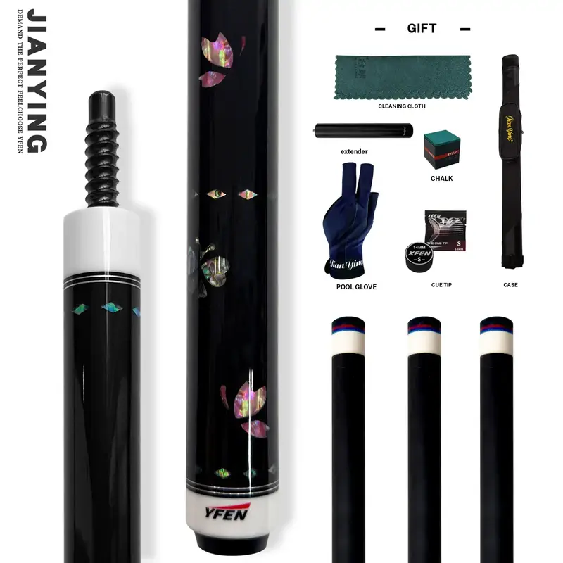 2026 new design billiard cue. Inlaying technique carbon fiber 1/2 billiard cue comes with a cue box and accessories. It features a 58 inch, 11.8mm cue tip Comes with cue case + leather tip + gloves + towel + chalk