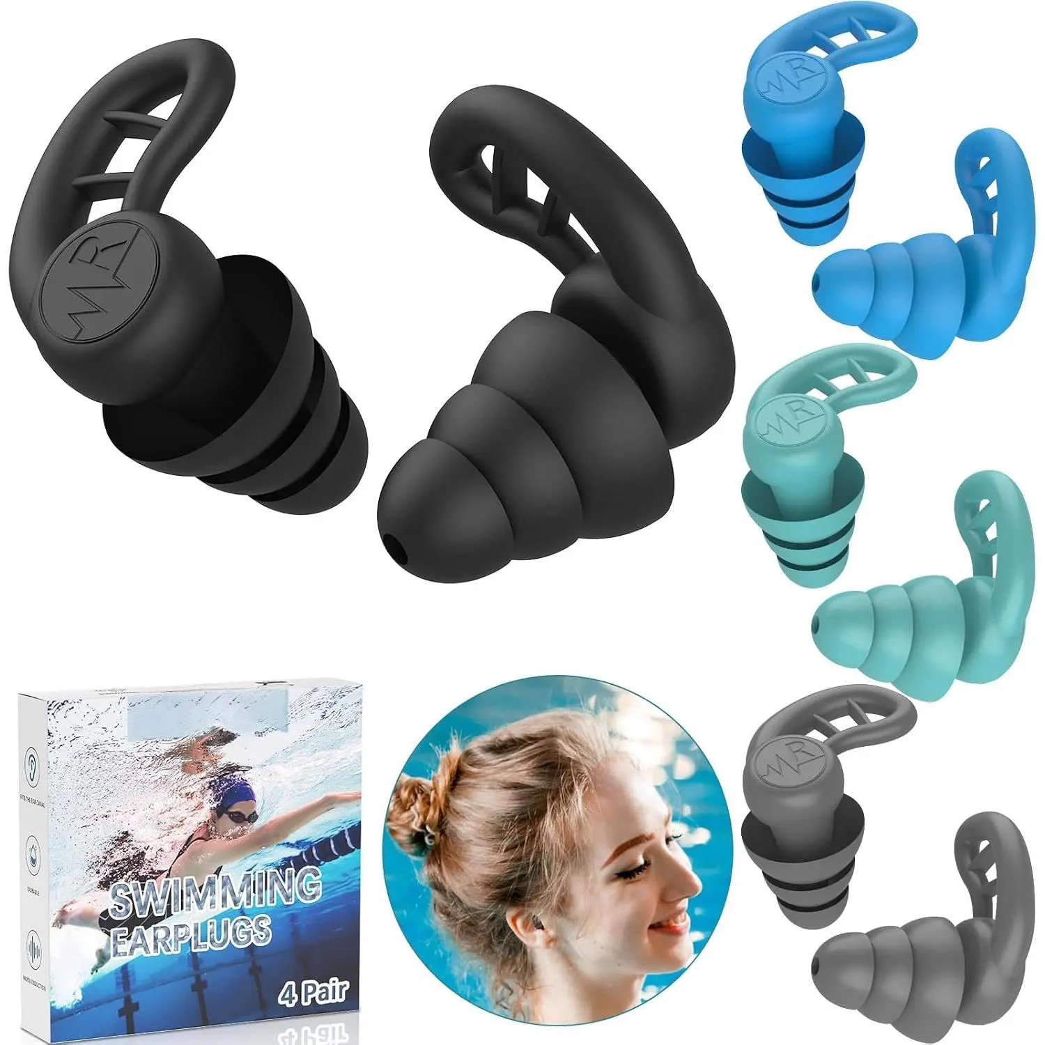 Swimming Ear Plugs for Adults, 4 Pairs    Colorful Swim Earplugs for Swimming Showering Snorkeling Surfing and Water , Water Ear Plugs for Men and Women