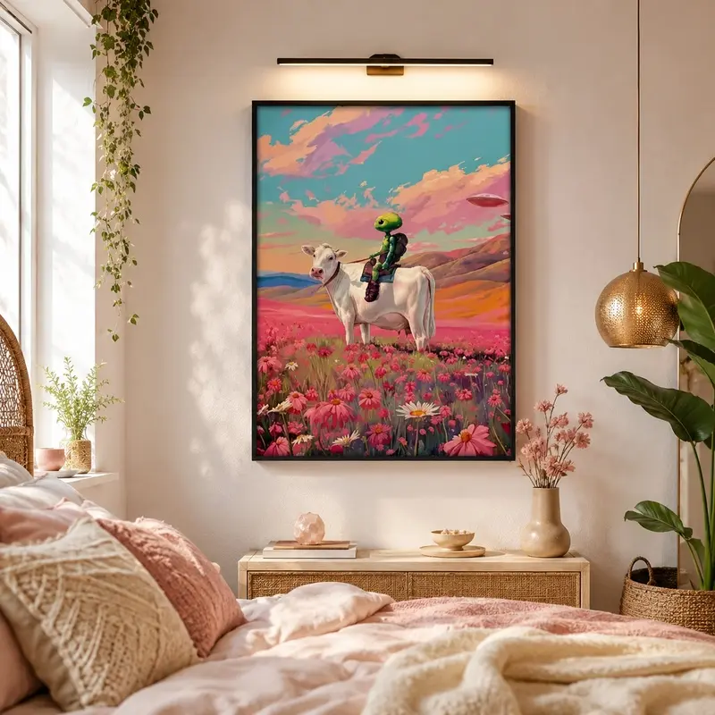 Best Friends (UFO Art, Little Cute Alien, Retro Landscape Oil Painting, UFO Cow Poster, Alien Wall Art), Funny Extraterrestrial Canvas Print, Vintage Sci-Fi Room Decor, Bedroom Living Room Dorm Poster, Alien Lover Gift