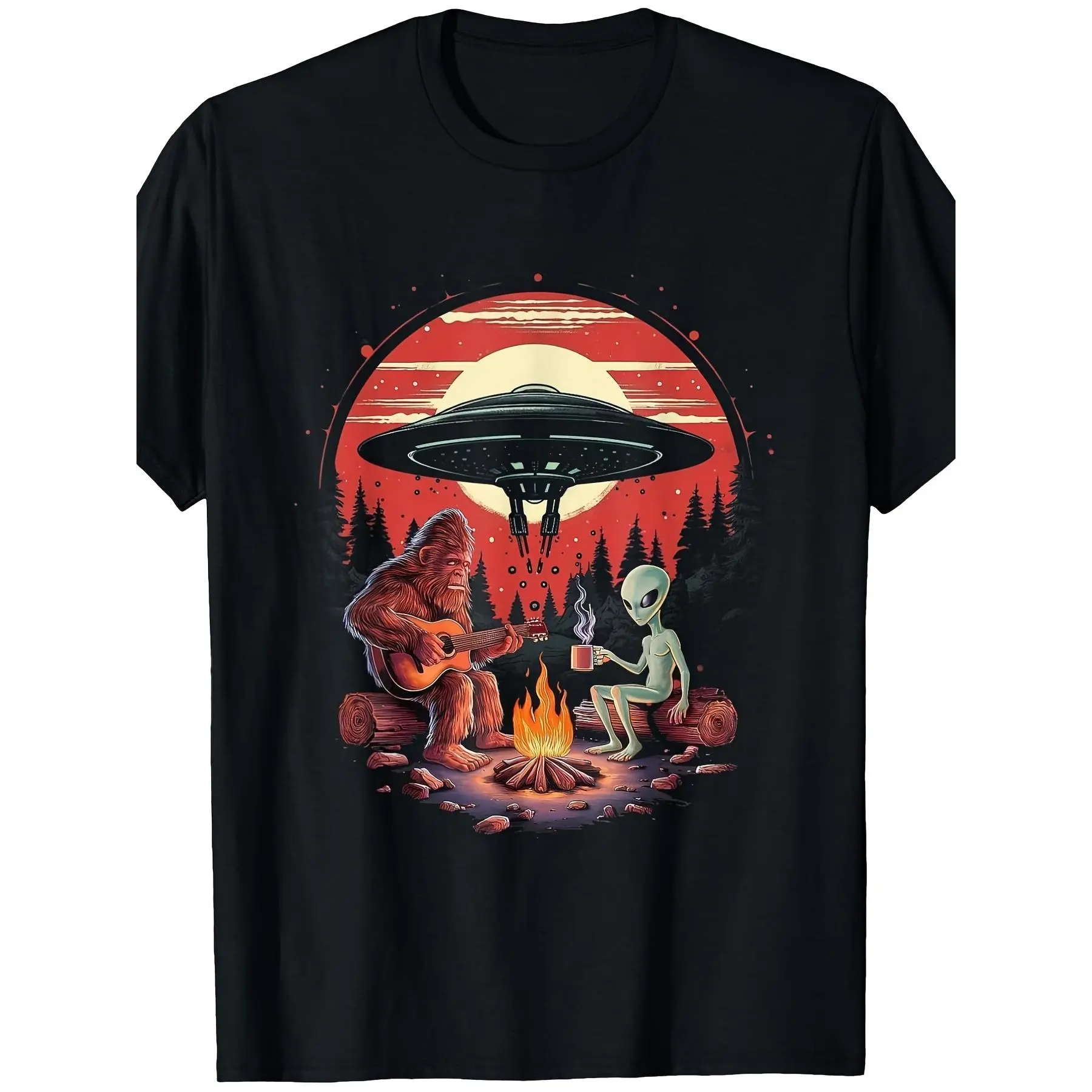Men'S T-Shirt Featuring a Design with Alien Campfire Theme, Retro Sasquatch And UFO Graphics Perfect for Camping And Outdoor Lovers, a Great Gift Choice for Hunters And Fans of Cryptozoology, Retro Casual Crew Neck Printed T-Shirt