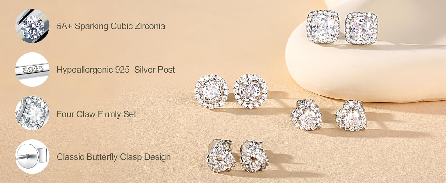 FUNRUN 4 Pairs Sterling Silver CZ Stud Earrings for Women 14K Gold Plated Brilliant Celtic Heart Big Stud Earrings Set Cubic Zirconia Earrings Studs for Sensitive Ear