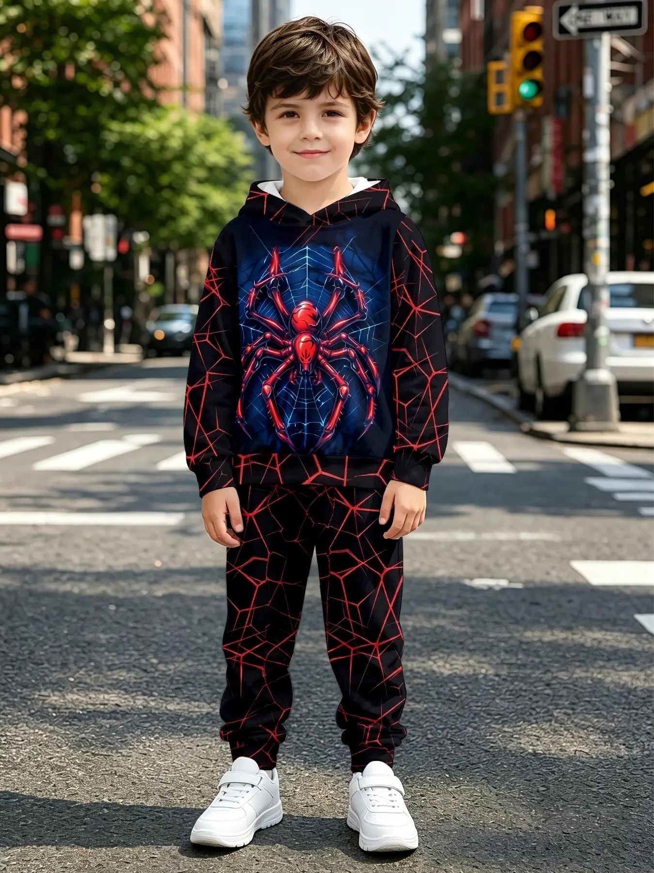 Boys' Spider Web Print Hoodie Set, Long Sleeve Fitted Sweatshirt, Outdoor Sports Two-Piece, Christmas Gift for Ages 1-14