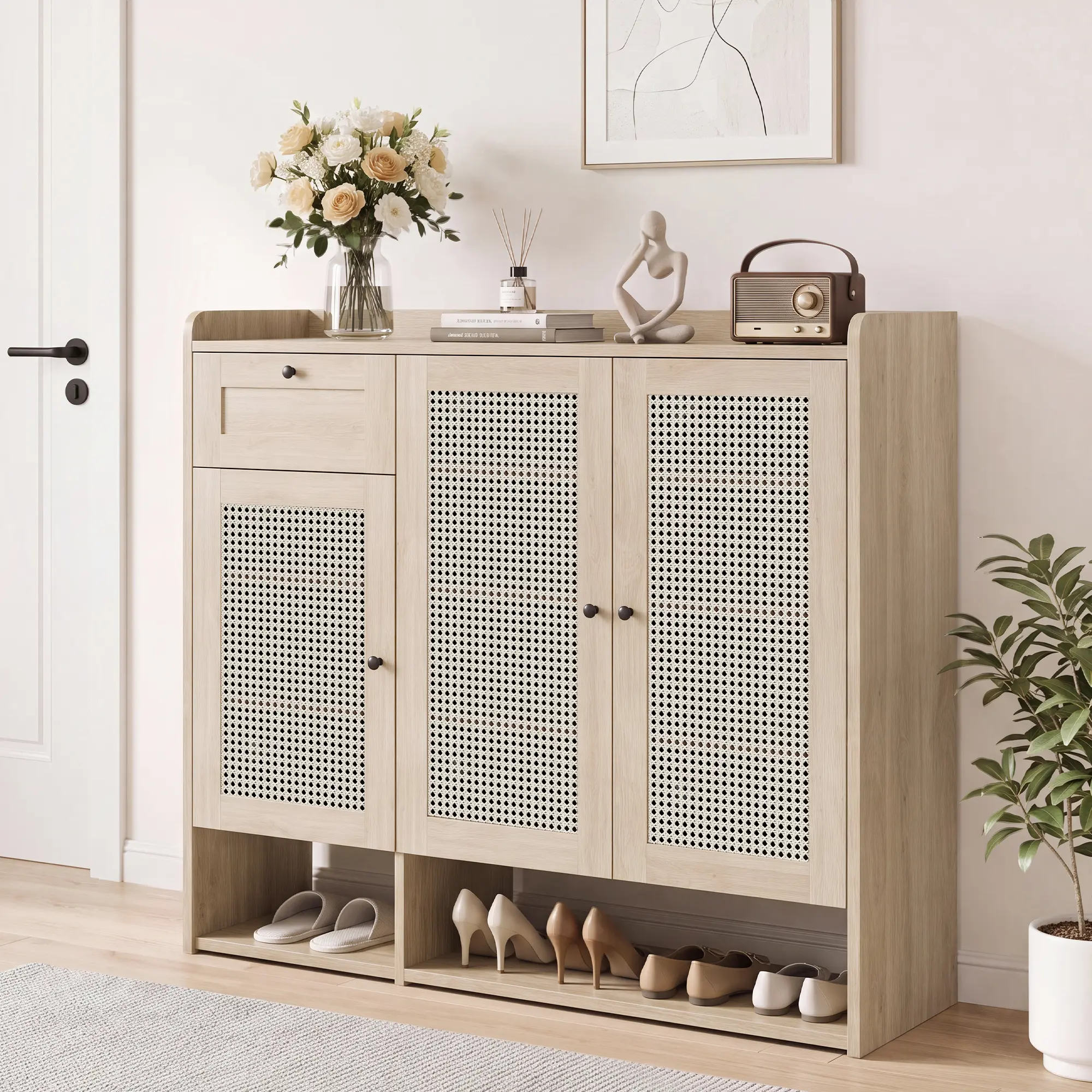 Bamboo Shoe Storage Cabinet with 3 Rattan Doors & Drawer, Narrow Entryway Shoe Organizer with Adjustable Shelf, Freestanding Footwear Rack for Hallway Living Room